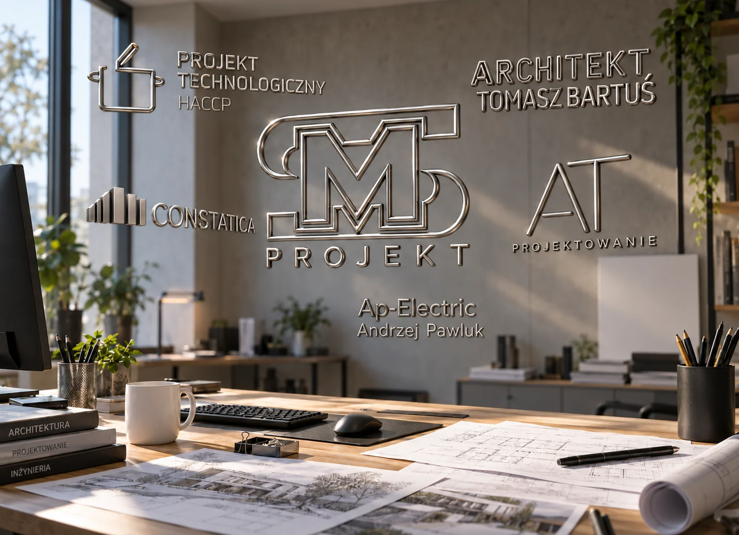 Biuro z logotypami firm, z którymi współpracujemy przy projektach przemysłowych